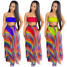 Superstarer Colorful Pleated Women Clothing Fashion Sexy Ladies Tube Top Long Skirts 3 Three Piece Set Skirt